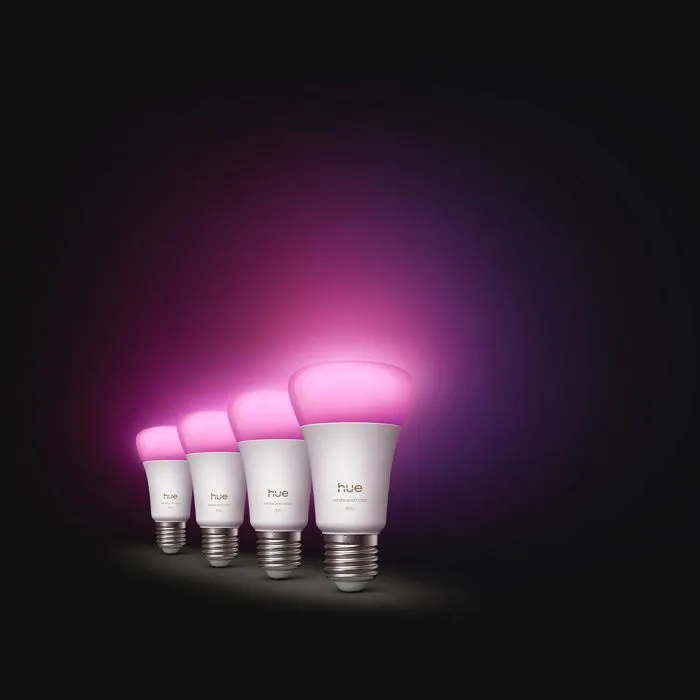Philips Hue - Pack de 4 ampoules LED connectées A60 E27 - Lumière blanche et colorée, 6W (810 lm) - Gradation complète et technologie Chromasync