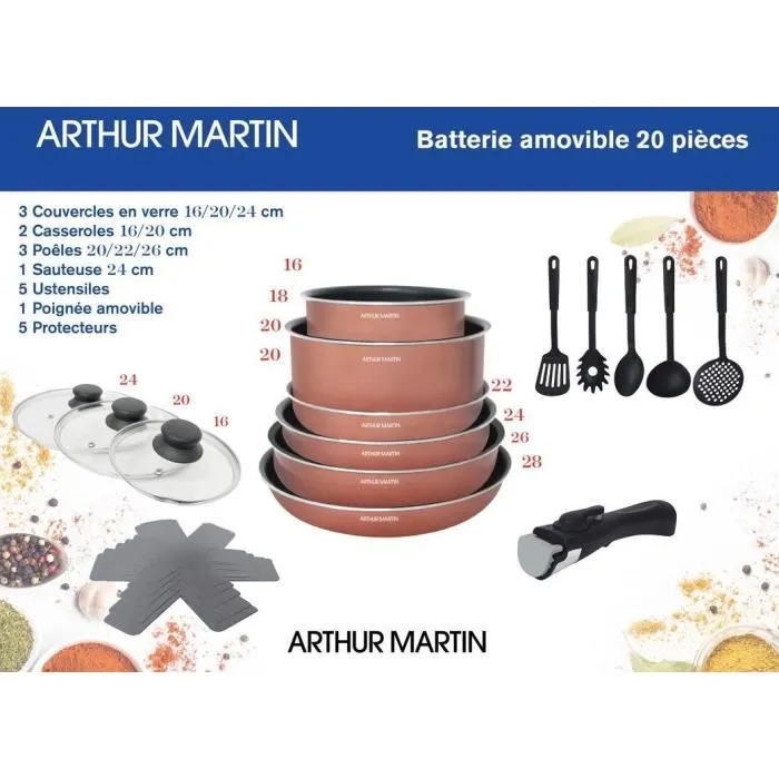 Arthur Martin Batterie de cuisine 20 pièces aluminium, antiadhésive, induction