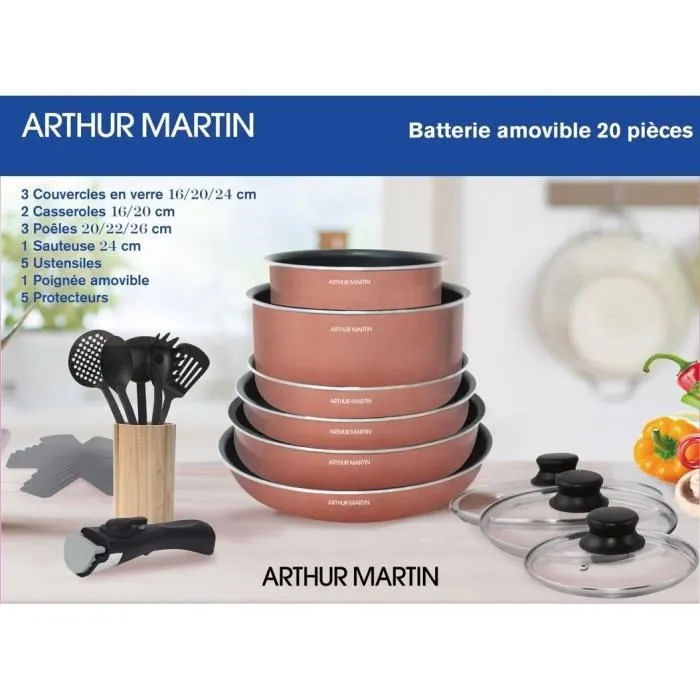 Arthur Martin Batterie de cuisine 20 pièces aluminium, antiadhésive, induction