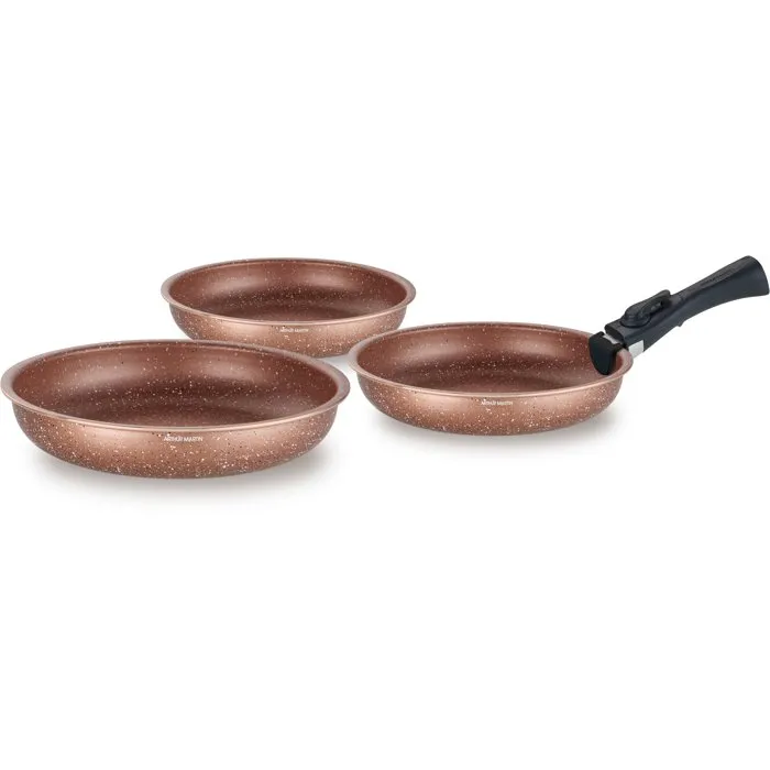 Arthur Martin AM9811 - Set de 3 poêles antiadhésives en aluminium pour tous feux (induction inclus) - Ø 20, 24 et 28 cm avec poignée amovible - Terracotta