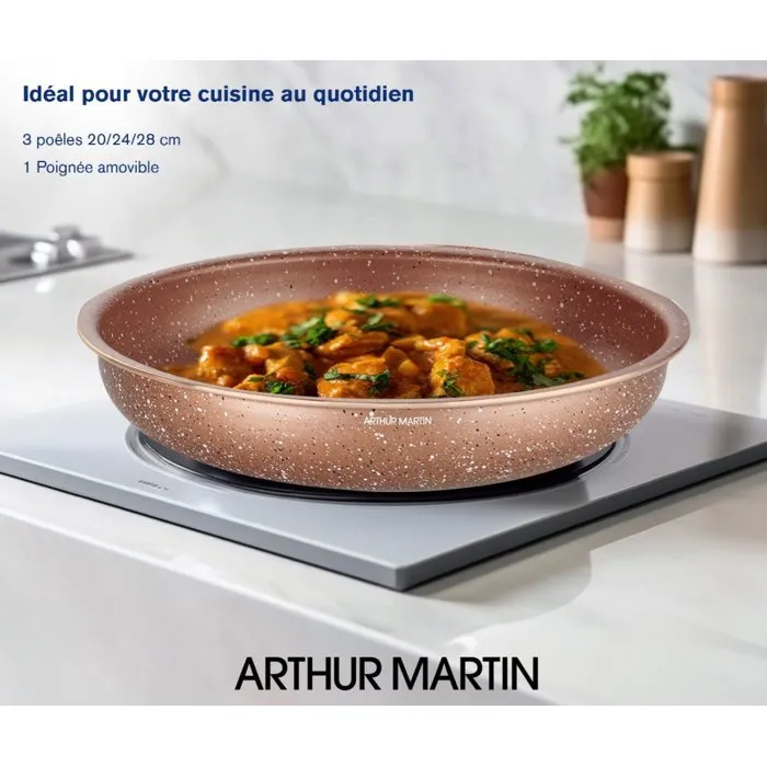 Arthur Martin AM9811 - Set de 3 poêles antiadhésives en aluminium pour tous feux (induction inclus) - Ø 20, 24 et 28 cm avec poignée amovible - Terracotta