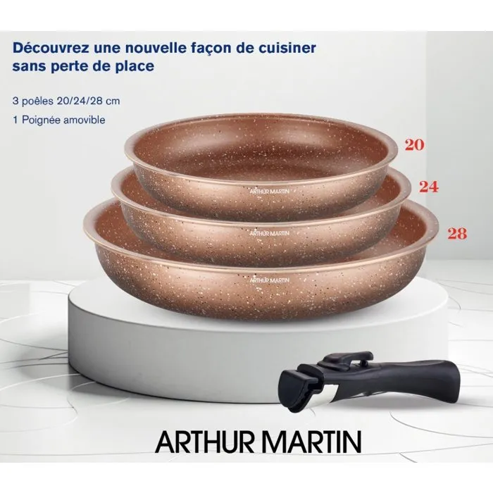 Arthur Martin AM9811 - Set de 3 poêles antiadhésives en aluminium pour tous feux (induction inclus) - Ø 20, 24 et 28 cm avec poignée amovible - Terracotta