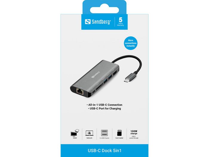 Sandberg Station d'accueil USB-C Hub HDMI LAN SD USB 3.0 avec Charge 100W