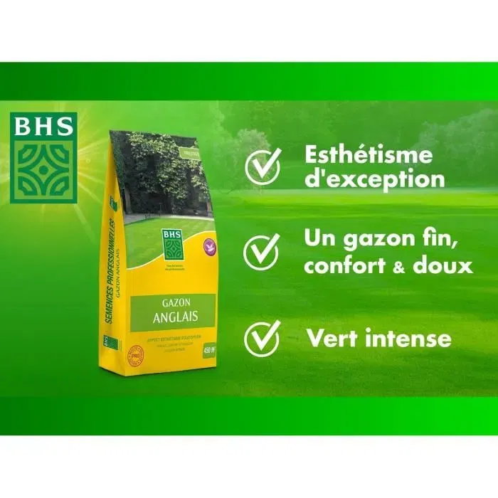 BHS Gazon Anglais Semences GDP1 10 kg - Pour Jardins Haut de Gamme, Couleur Persistante, Feuillage Fin et Dense
