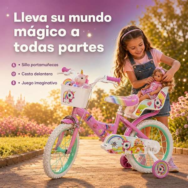 Toimsa Bicicleta Unicornio - Vélo licorne 16" pour enfant de 5 à mpans ans - Couleur rose - Version espagnole