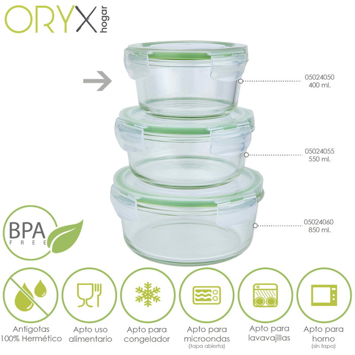 ORYX Récipient Hermétique Rond en Verre Borosilicate 400 ml ORYX Récipient Hermétique Rond en Verre Borosilicate 400 ml