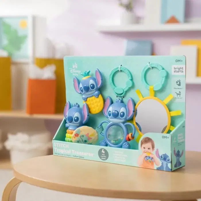 Bright Starts Disney Baby Stitch Trésor Tropicaux - Coffret Cadeau Naissance avec 4 Jouets Bébé : Hochet, Anneau de Dentition, Jouets Multisensoriels et Miroir