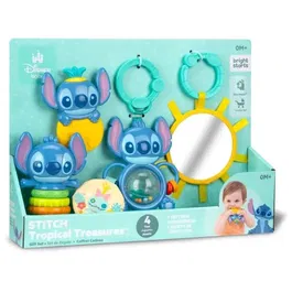 Bright Starts Disney Baby Stitch Trésor Tropicaux - Coffret Cadeau Naissance avec 4 Jouets Bébé : Hochet, Anneau de Dentition, Jouets Multisensoriels et Miroir
