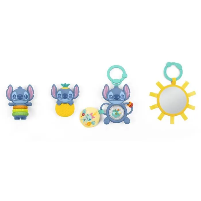 Bright Starts Disney Baby Stitch Trésor Tropicaux - Coffret Cadeau Naissance avec 4 Jouets Bébé : Hochet, Anneau de Dentition, Jouets Multisensoriels et Miroir