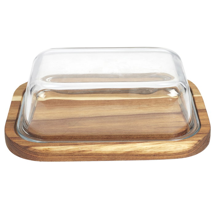 Home Deco Factory Mantequera en Acacia et Verre Borosilicaté 19x14 cm