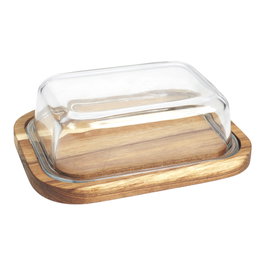 Home Deco Factory Mantequera en Acacia et Verre Borosilicaté 19x14 cm