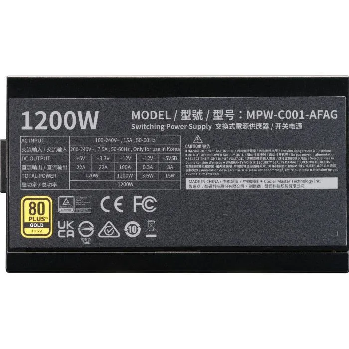 Cooler Master ELITE Gold 1200W - Alimentation PC ATX 3.1 / PCIe 5.1 - 80 Plus Gold Full Modulaire - Ventilateur Silencieux - Garantie 10 Ans