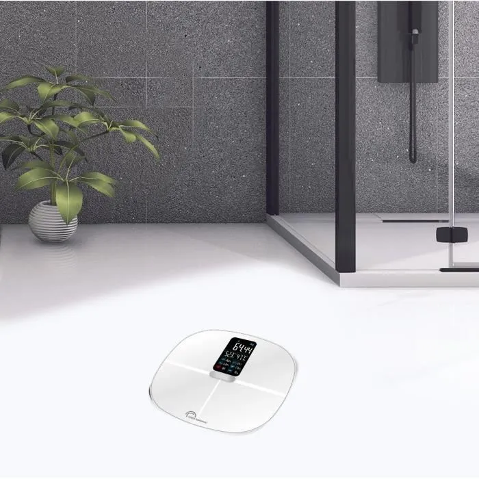 Little Balance Pèse-personne impédancemètre connecté blanc 180 kg / 100 g - Mesure poids, IMC, graisse, eau, muscles, rythme cardiaque, écran XXL, Bluetooth, 10 utilisateurs