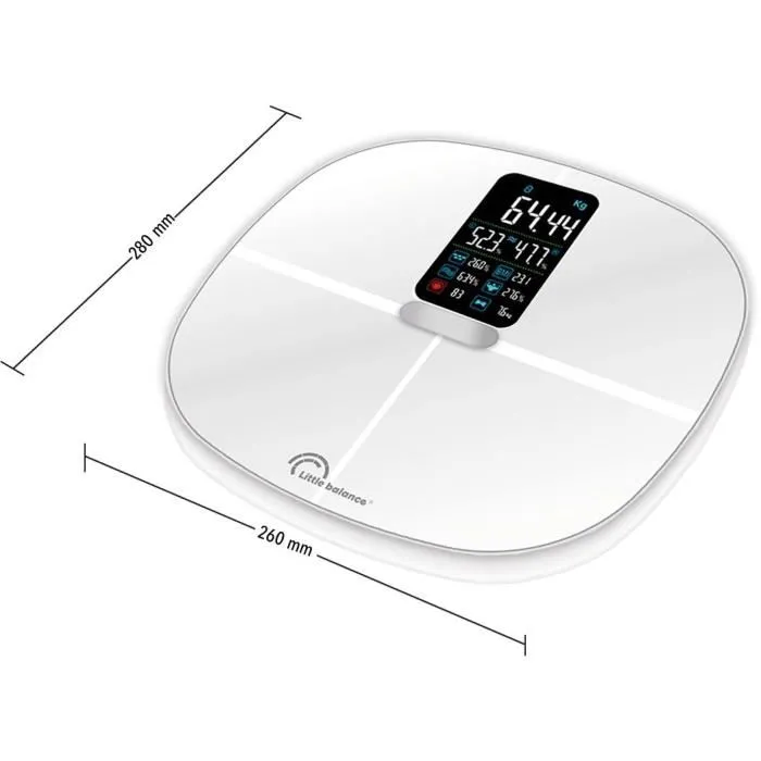 Little Balance Pèse-personne impédancemètre connecté blanc 180 kg / 100 g - Mesure poids, IMC, graisse, eau, muscles, rythme cardiaque, écran XXL, Bluetooth, 10 utilisateurs