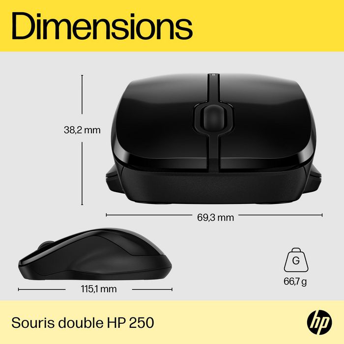 HP Souris sans fil ambidextre HP 250 avec double connectivité Bluetooth et USB, 50% plastique recyclé