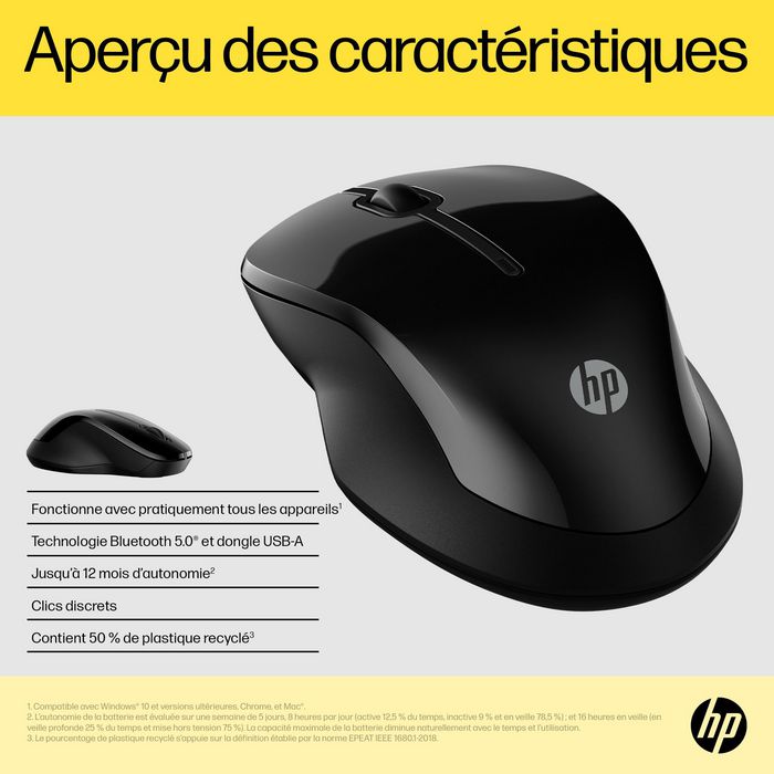 HP Souris sans fil ambidextre HP 250 avec double connectivité Bluetooth et USB, 50% plastique recyclé