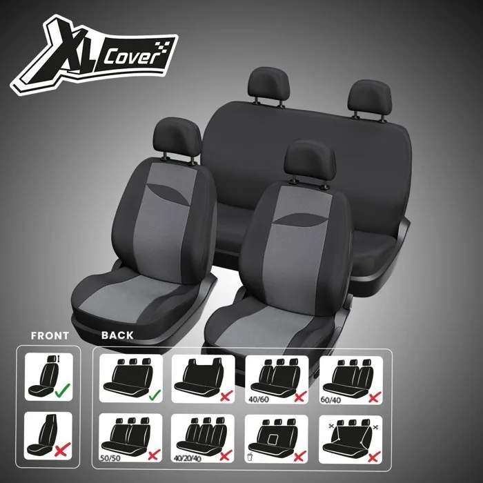 XLC XL COVER - Housses de siège auto universelles pour banquette arrière non fractionnable, 2 sièges avant et 6 appuie-têtes - Compatible airbags