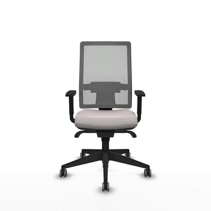 Chaise Horna Synchro 5 positions cuir écologique Blanc Maille Gris Base pyramidale noire Accoudoir 1D Sans appui-tête Roulettes 65mm pour moquette