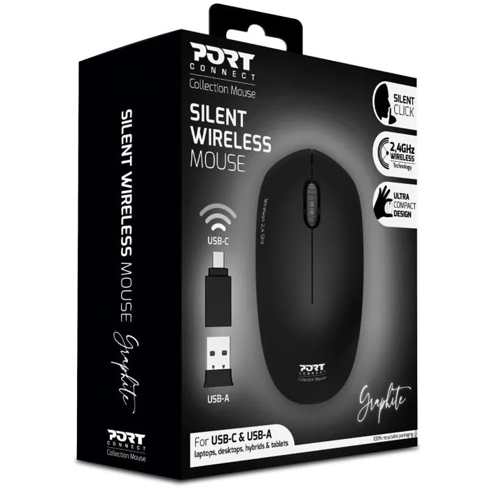 PORT Designs 900540 - Souris sans fil Collection II 2.4 GHz, Design ultra-compact et silencieux, Graphite Noir