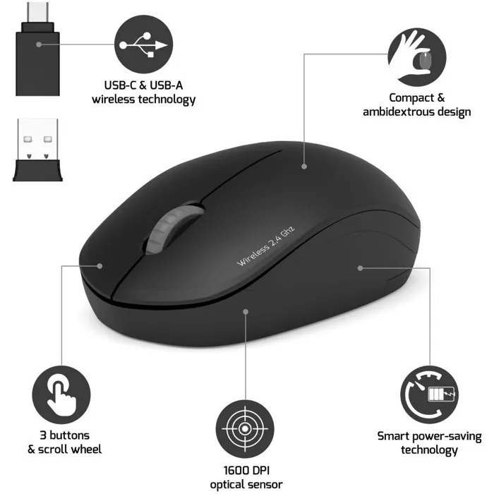 PORT Designs 900540 - Souris sans fil Collection II 2.4 GHz, Design ultra-compact et silencieux, Graphite Noir