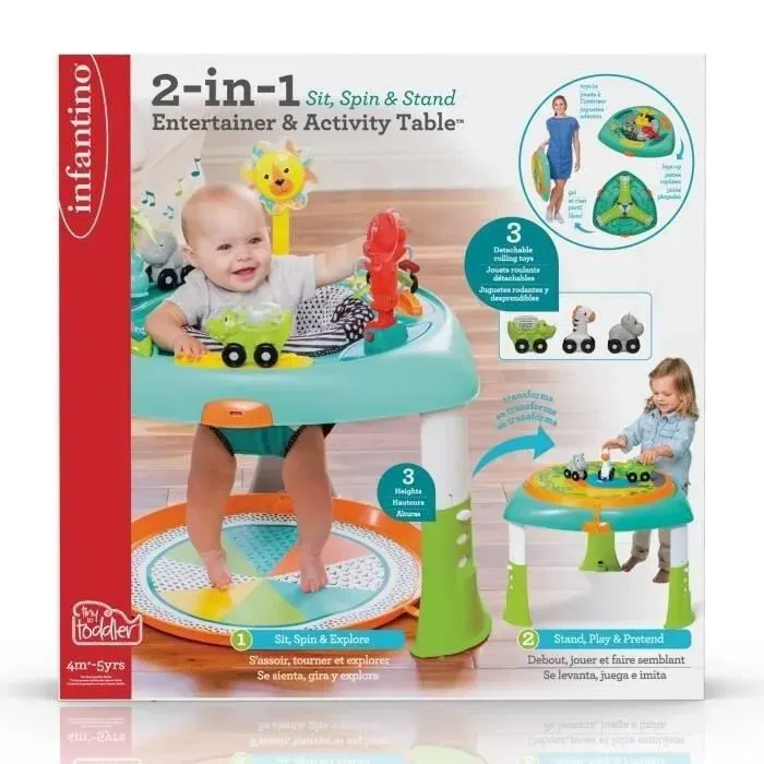 Infantino Table d'activités modulable 2 en 1 électronique et musicale avec siège tournant 360°, hauteur réglable, pliable, dès 6 mois