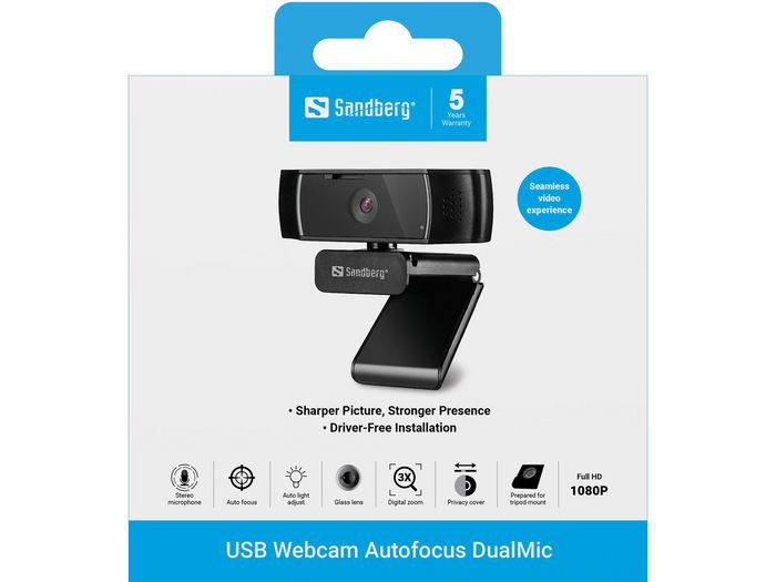 Sandberg Webcam USB avec Autofocus et Double Microphone - Résolution Full HD 1080p - Installation Sans Pilote - Compatible Ordinateurs Portables Sandberg Webcam USB avec Autofocus et Double Microphone - Résolution Full HD 1080p - Installation Sans Pilote - Compatible Ordinateurs Portables