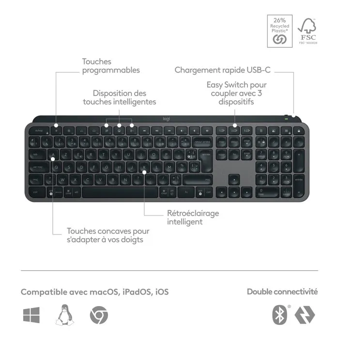 Logitech MX Keys S Plus - Clavier sans fil rétroéclairé pour bureautique avec Smart Actions, repose-poignet et disposition AZERTY - Noir