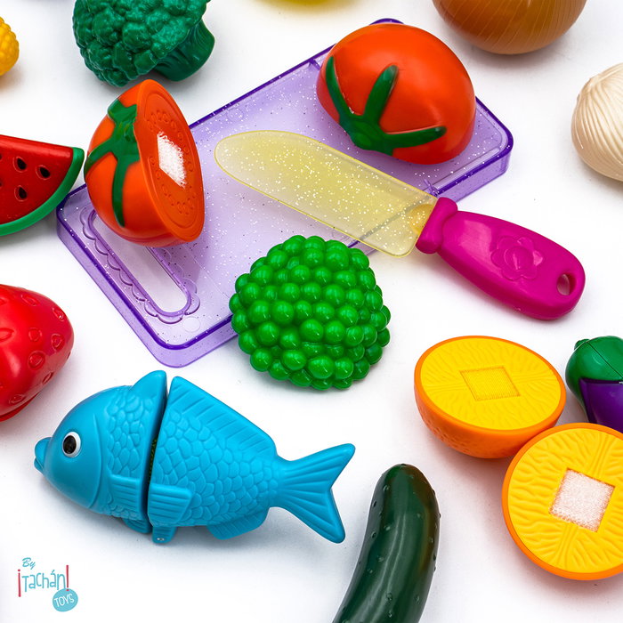 Tachan - Mallette Jouet de Découpe Aliments pour Enfants de 18 Mois et Plus, 33 Pièces avec Couteau et Planche à Découper
