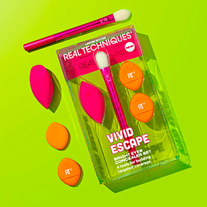 Real Techniques Vivid Escape Bright Eyes - Coffret anticernes avec brosse 242 Kitten Paw, éponge et houppettes - 4 pièces - Limited Edition