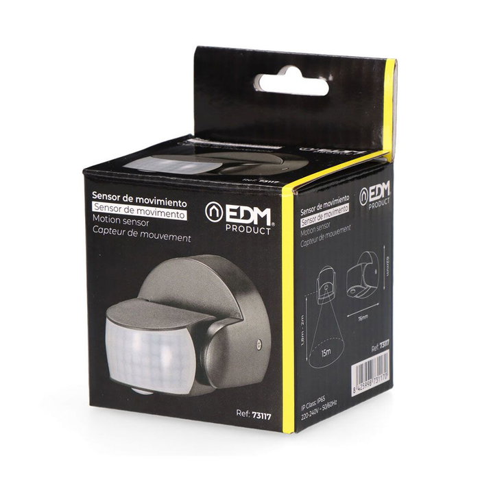 Edm Détecteur de mouvement et crépusculaire 15 m IP65 Noir PVC UV – 1200 W 220-240 V