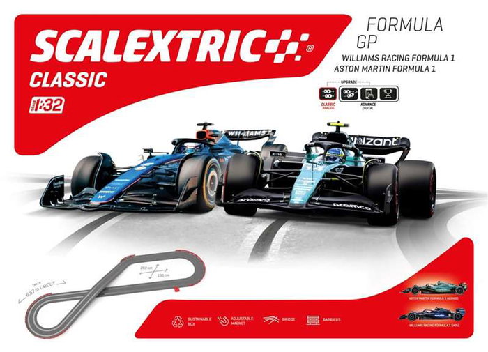 Scalextric Piste Formula GP 6,6m avec 2 voitures Formule 1, virages, chicane, barrières, transformateur et manettes, boîte en espagnol Scalextric Piste Formula GP 6,6m avec 2 voitures Formule 1, virages, chicane, barrières, transformateur et manettes, boîte en espagnol