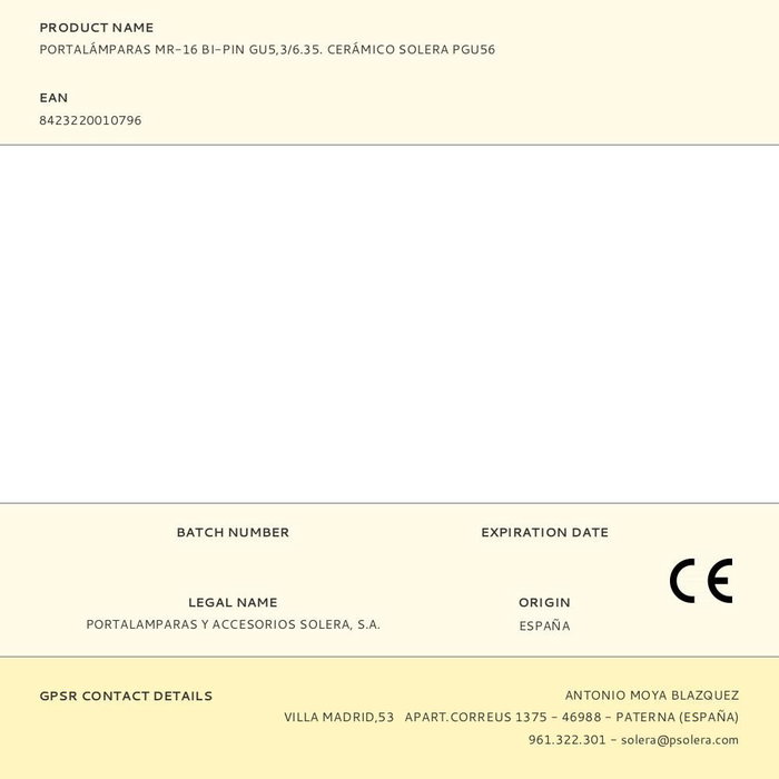 Solera Portalampes MR-16 bi-pin GU5,3/6,35 en céramique PGU56
