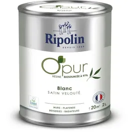 Ripolin Peinture O'PUR Blanc Satine Veloute 2 L - 472822 - Pour Murs, Bois et Radiateurs - Base Resine Biosourcee 97%, Ecolabel, Lessivable