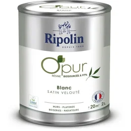 Ripolin Peinture O'PUR Blanc Satine Veloute 2 L - 472822 - Pour Murs, Bois et Radiateurs - Base Resine Biosourcee 97%, Ecolabel, Lessivable