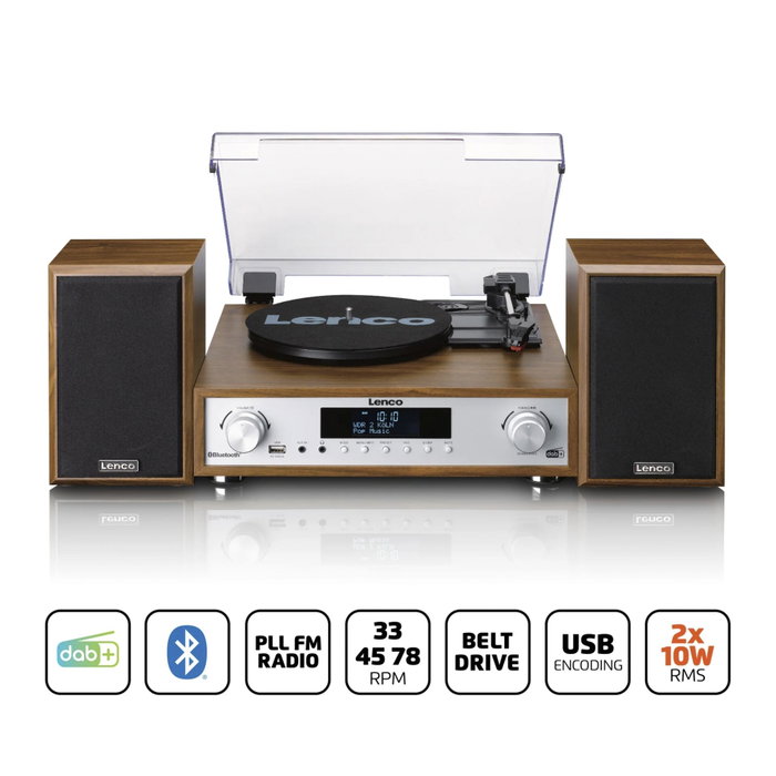 Lenco MC-160WD Système Hi-Fi avec platine vinyle et enceintes en bois