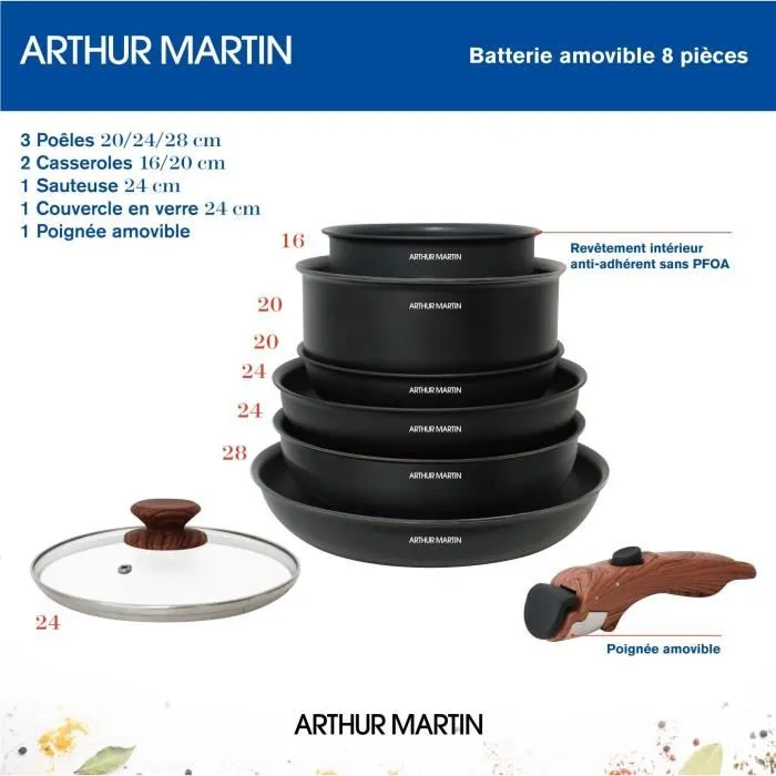 Arthur Martin - Batterie de cuisine 8 pièces en aluminium avec antiadhésif - Poêles 20, 24, 28 cm, casseroles 16 et 20 cm, sauteuse 24 cm - Compatible tous feux dont induction