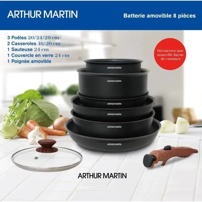 Arthur Martin - Batterie de cuisine 8 pièces en aluminium avec antiadhésif - Poêles 20, 24, 28 cm, casseroles 16 et 20 cm, sauteuse 24 cm - Compatible tous feux dont induction