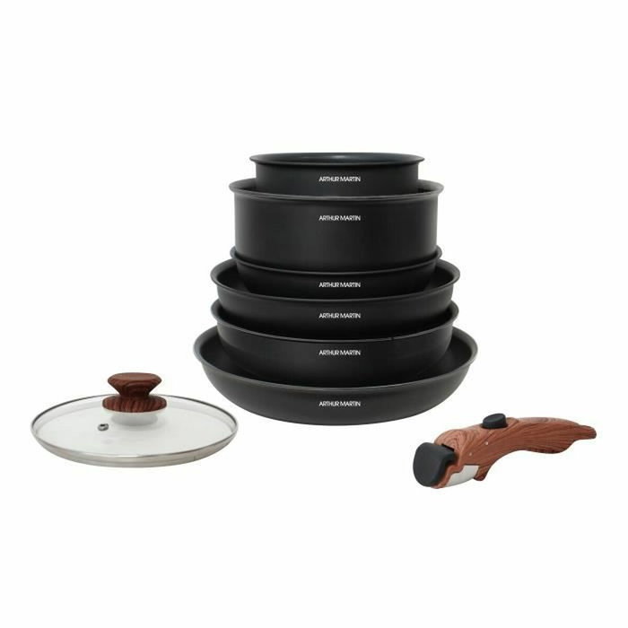Arthur Martin Batterie de cuisine 8 pièces en aluminium avec poignée amovible effet bois