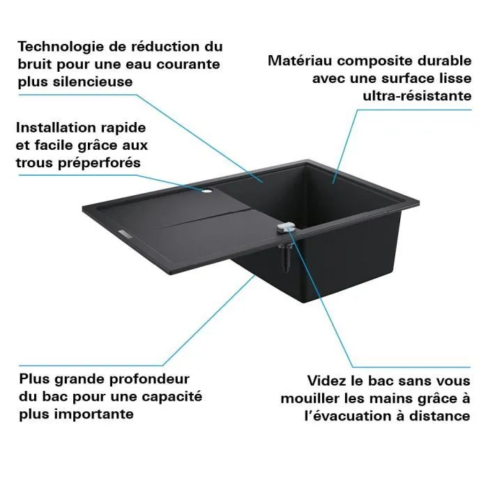 Grohe Evier de cuisine en quartz composite K400 780 x 500 mm avec égouttoir réversible - Noir Granite - Modèle 31639AP0