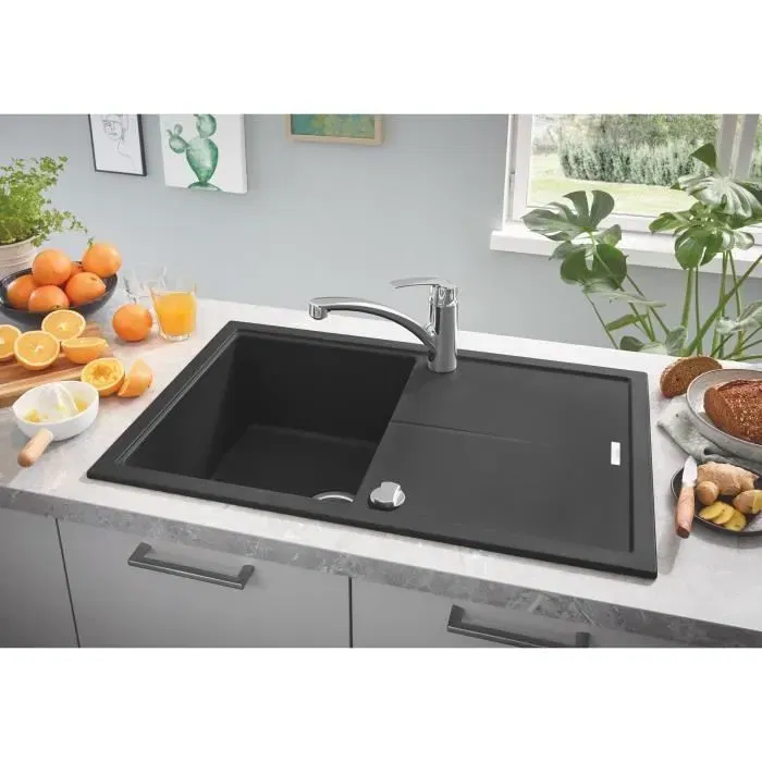 Grohe Evier de cuisine en quartz composite K400 780 x 500 mm avec égouttoir réversible - Noir Granite - Modèle 31639AP0