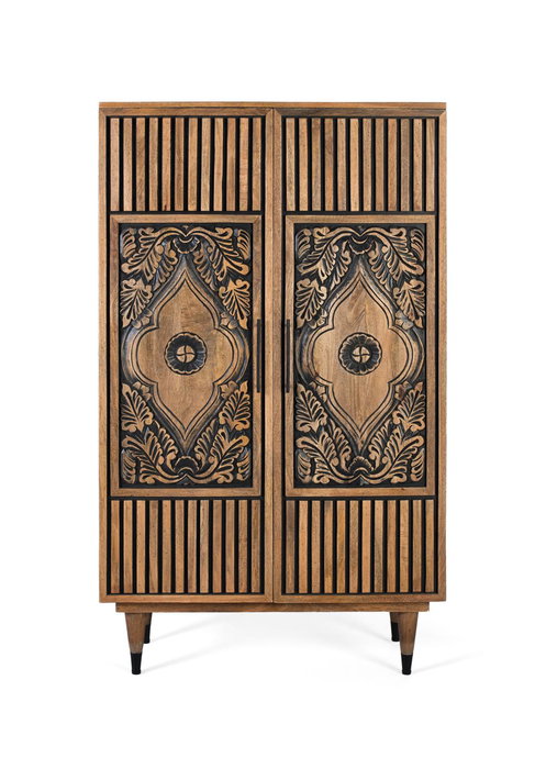 GINER Y COLOMER - Buffet haut en bois de manguier couleur noisette, portes sculptées mandala noir, étagère intérieure, pates tournées métal, dimensions 128x45 cm GINER Y COLOMER - Buffet haut en bois de manguier couleur noisette, portes sculptées mandala noir, étagère intérieure, pates tournées métal, dimensions 128x45 cm