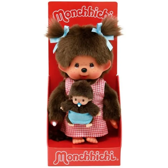 Bandai Peluche Monchhichi Maman & Bébé - 20 cm - Idéal pour collectionneurs et fans