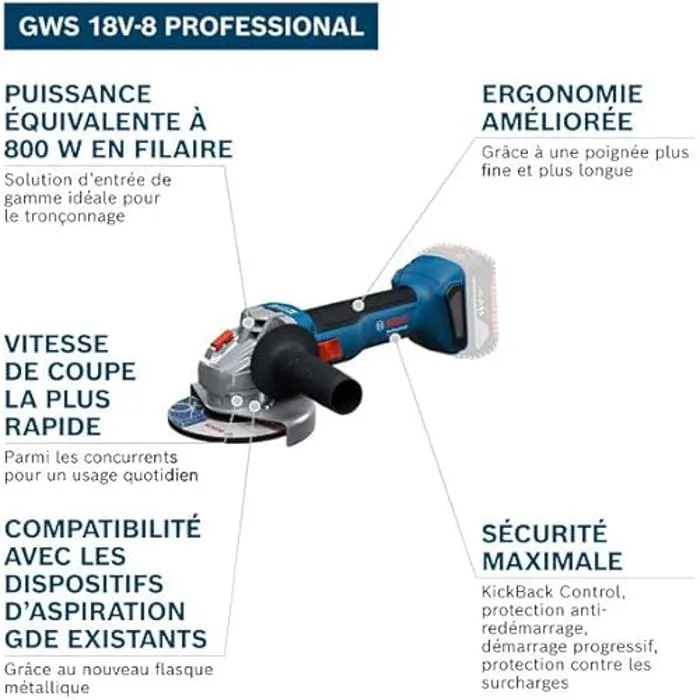 Bosch GWS 18V-8 Meuleuse d'angle sans fil 125 mm 18V 800W Compacte et légère