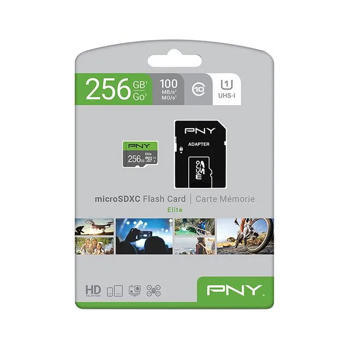 PNY Carte mémoire microSDXC Elite 256 Go - Classe 10 UHS-I U1 - Vitesse jusqu'à 100 Mo/s - Pour smartphone, tablette, action cam et drone