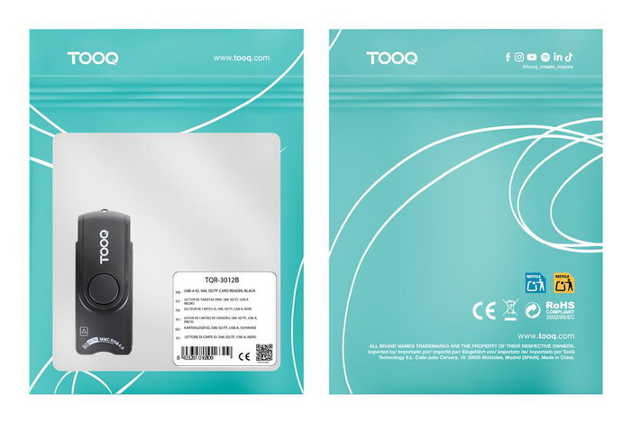 TooQ Lecteur de cartes intelligentes USB-A pour DNI électronique 4.0, ISO7816, SIM/SD/TF, Noir