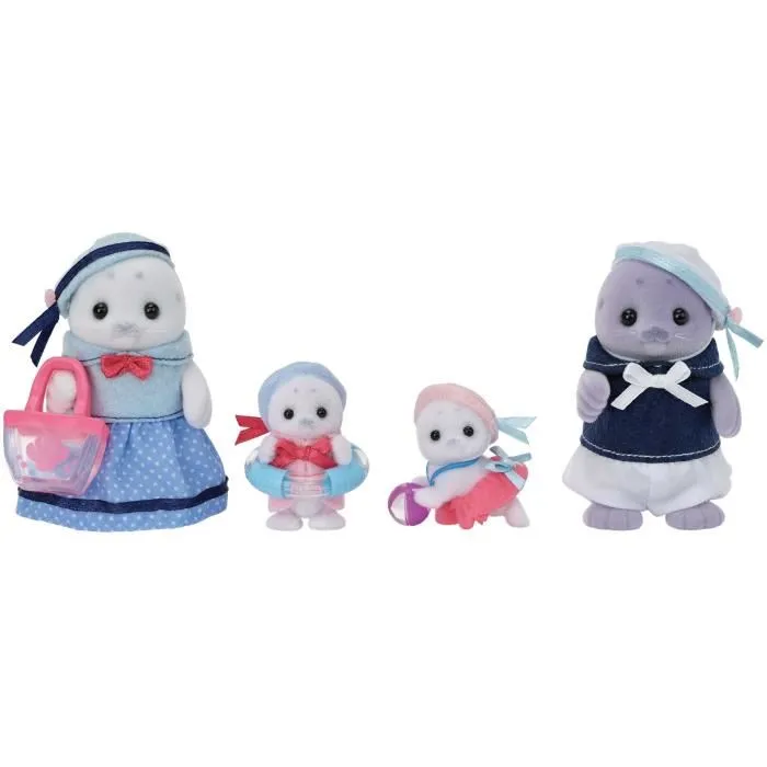 Sylvanian Families - Famille Articulée Phoque avec 4 Personnages, Sac de Plage, Bouée et Ballon, Figurines Habillées aux Vêtements Amovibles