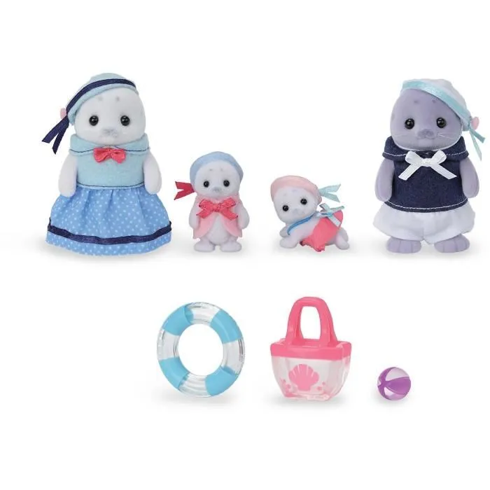 Sylvanian Families - Famille Articulée Phoque avec 4 Personnages, Sac de Plage, Bouée et Ballon, Figurines Habillées aux Vêtements Amovibles