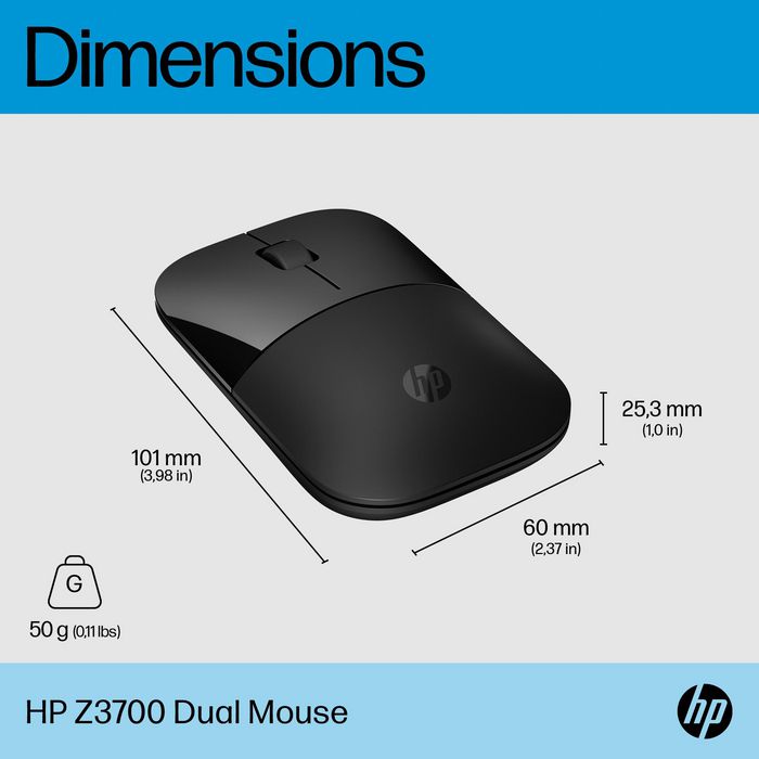 HP Souris sans fil Z3700 - Souris bi-mode Bluetooth et USB, noire avec matériaux recyclés, capteur optique 1600 DPI