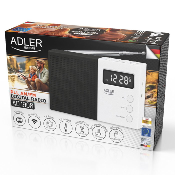 Adler Radio Numérique PLL FM AD 1908 avec Bluetooth 5.0, USB/SD, Réveil, Antenne Télescopique, 12,5 x 3 x 7 cm