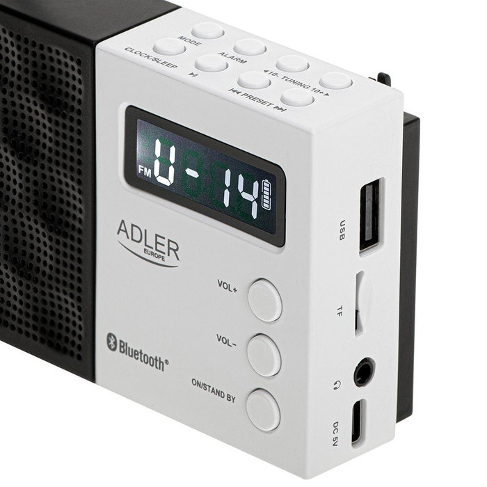 Adler Radio Numérique PLL FM AD 1908 avec Bluetooth 5.0, USB/SD, Réveil, Antenne Télescopique, 12,5 x 3 x 7 cm